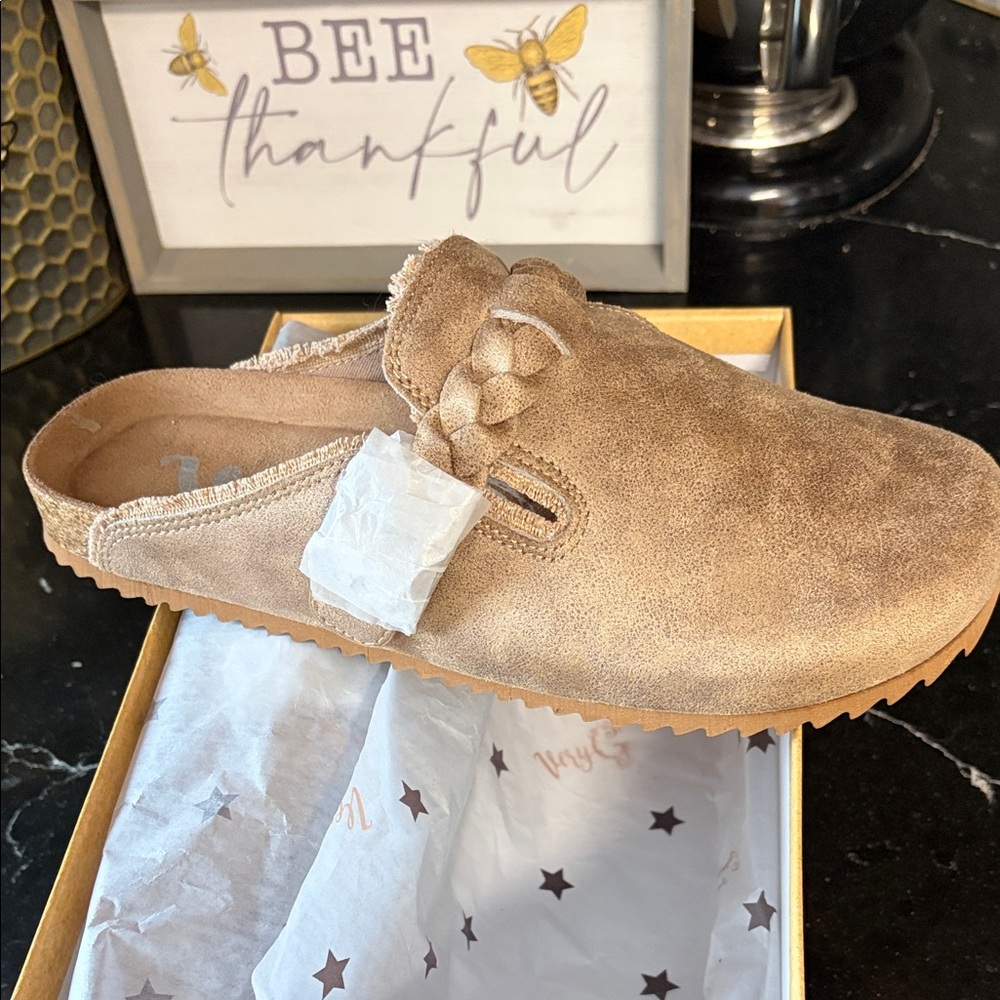 Very G Tan Suede Mules with Braid and Buckle 8.5